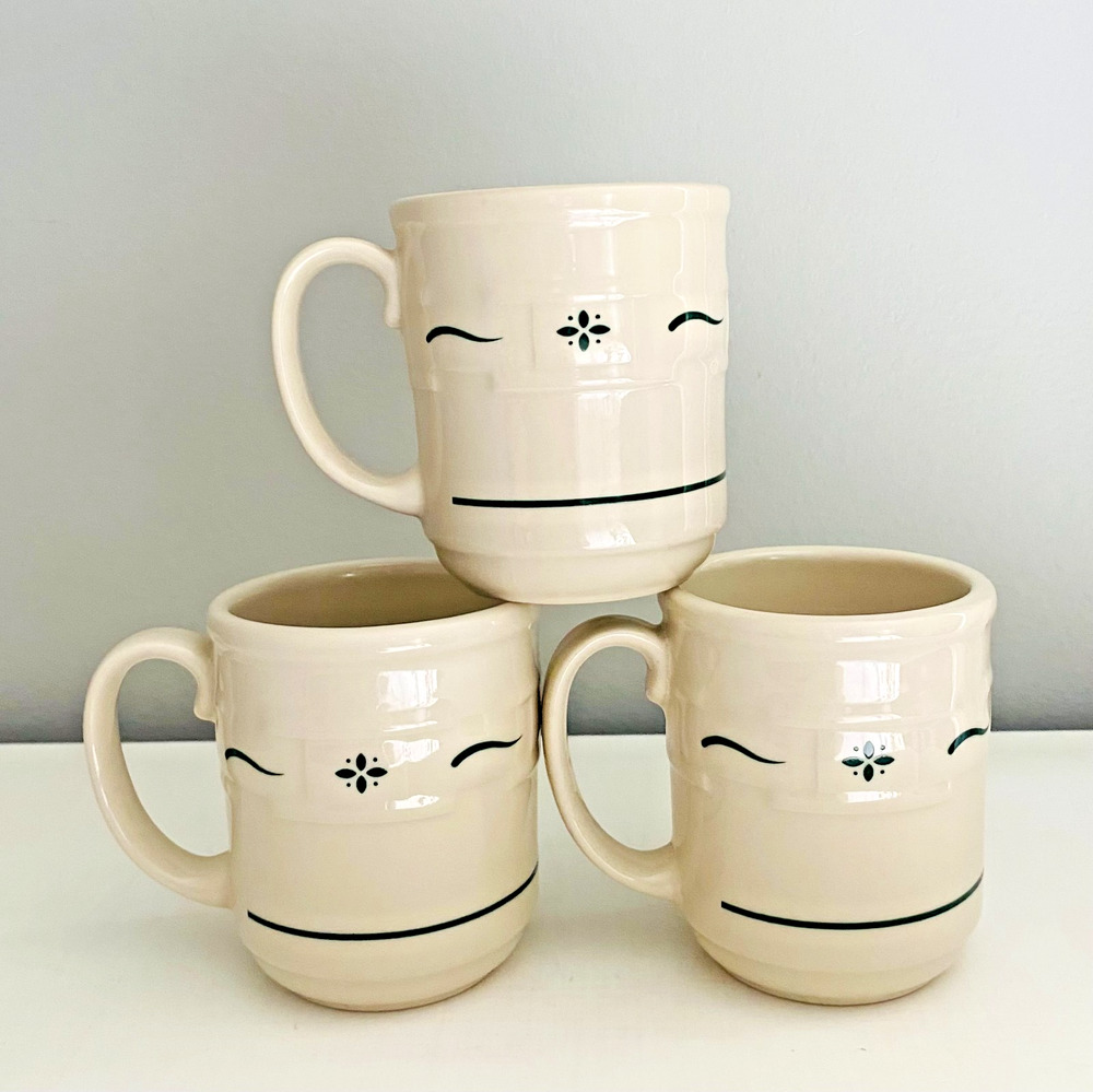 Vintage Longaberger Woven Traditions Heritage Green Coffee Mugs, Set of 3